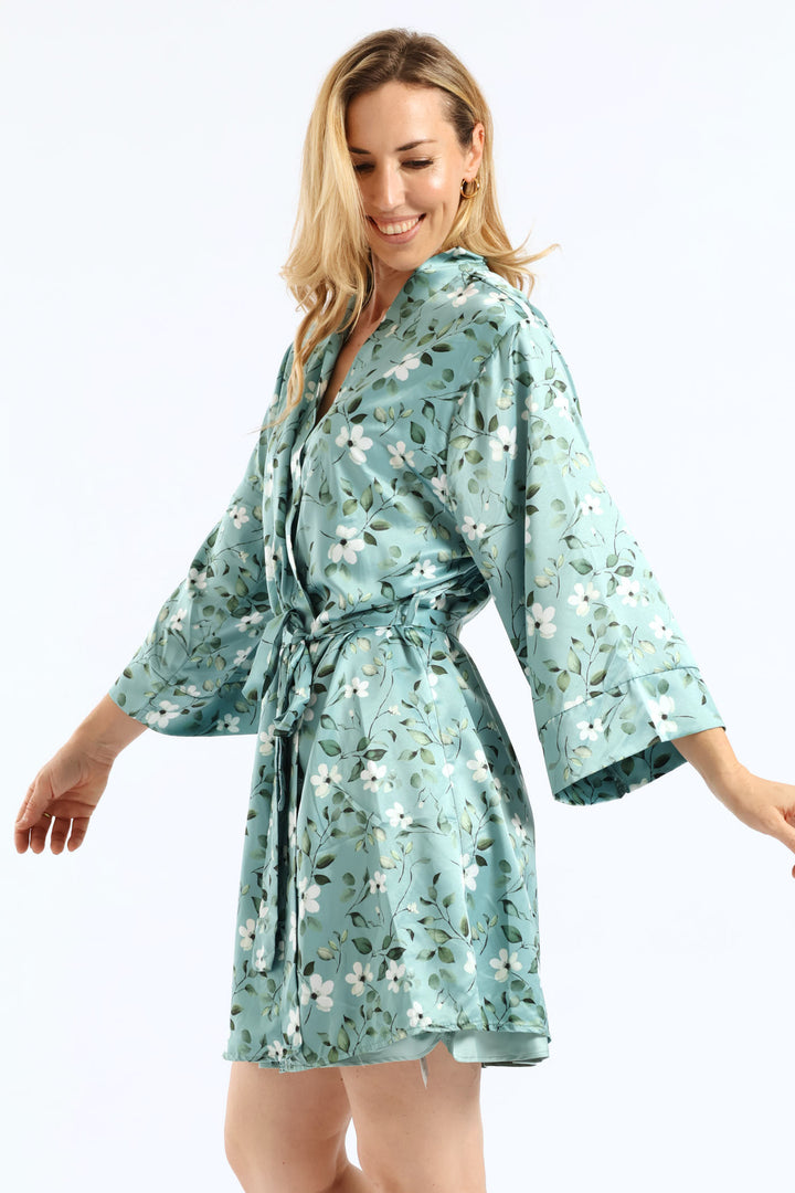 Gown & Chemise Floral Satin Set - Duck Egg