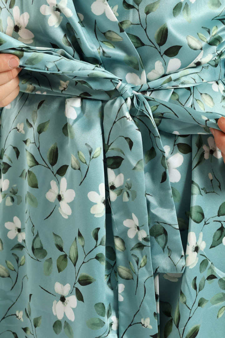 Gown & Chemise Floral Satin Set - Duck Egg