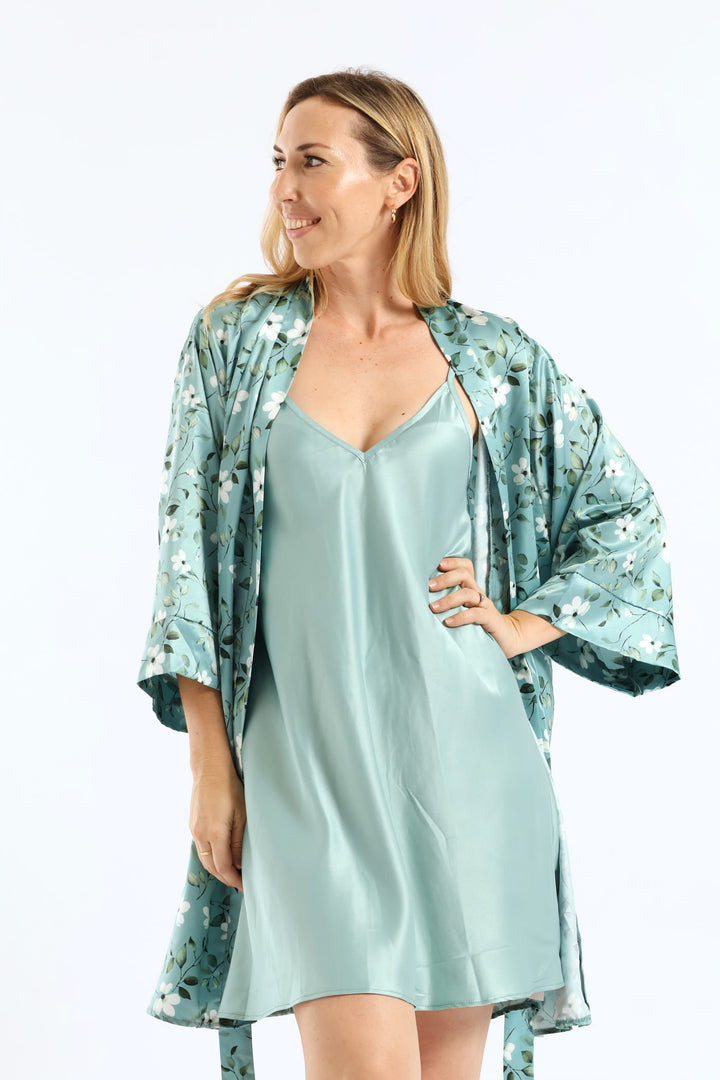 Gown & Chemise Floral Satin Set - Duck Egg