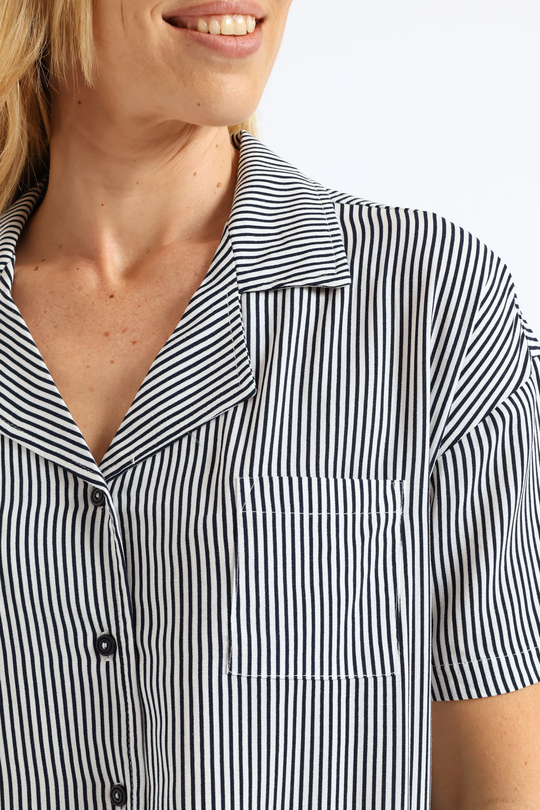 Button Through Linen Short Set - White/Navy