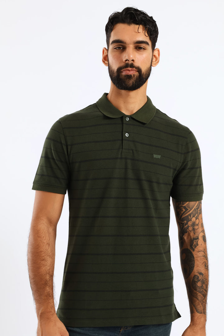 Slim Housemark Stripe Polo Golfer - Olive