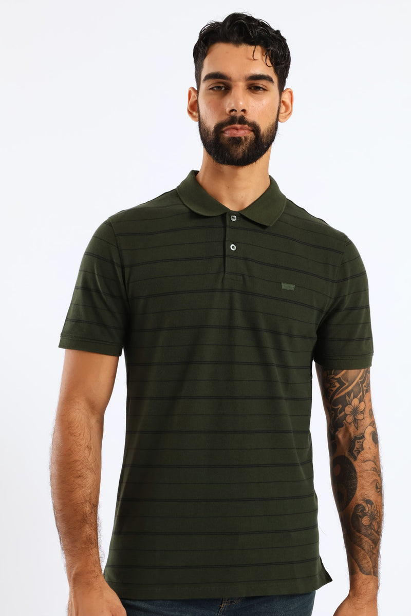Slim Housemark Stripe Polo Golfer - Olive
