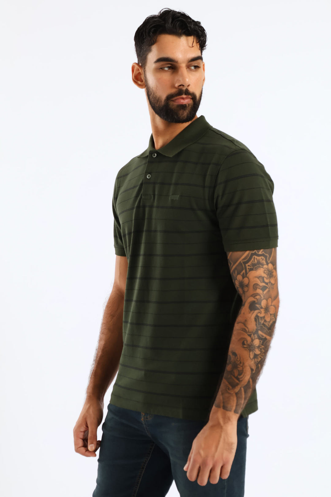 Slim Housemark Stripe Polo Golfer - Olive