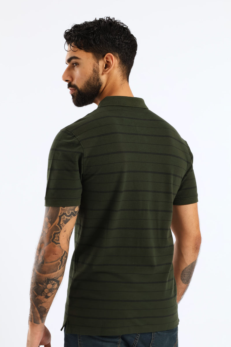 Slim Housemark Stripe Polo Golfer - Olive