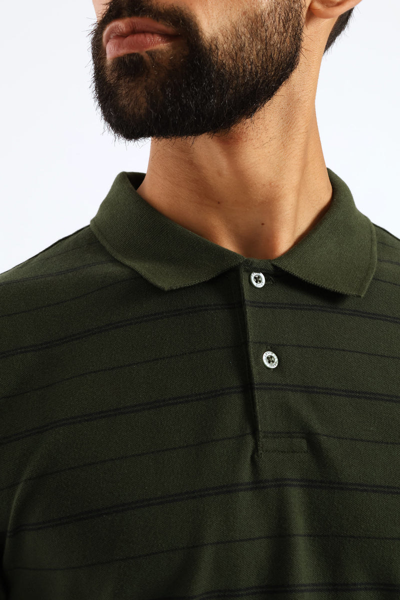 Slim Housemark Stripe Polo Golfer - Olive