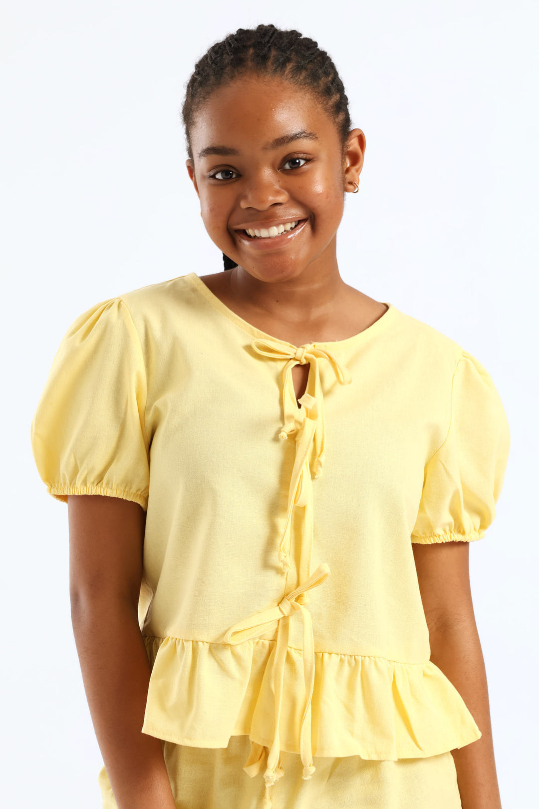 Girls Puff Sleeve Front Bow Detail Peplum Top - Pastel Yellow