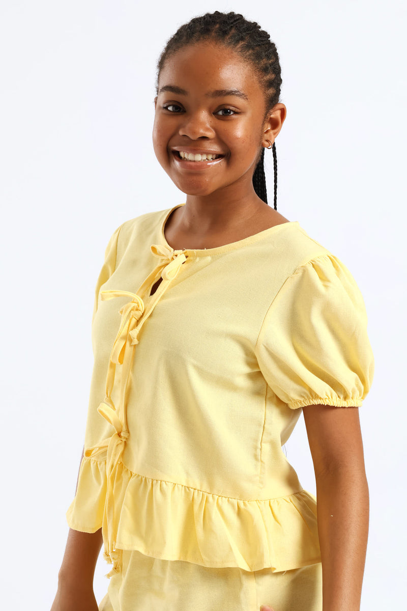 Girls Puff Sleeve Front Bow Detail Peplum Top - Pastel Yellow
