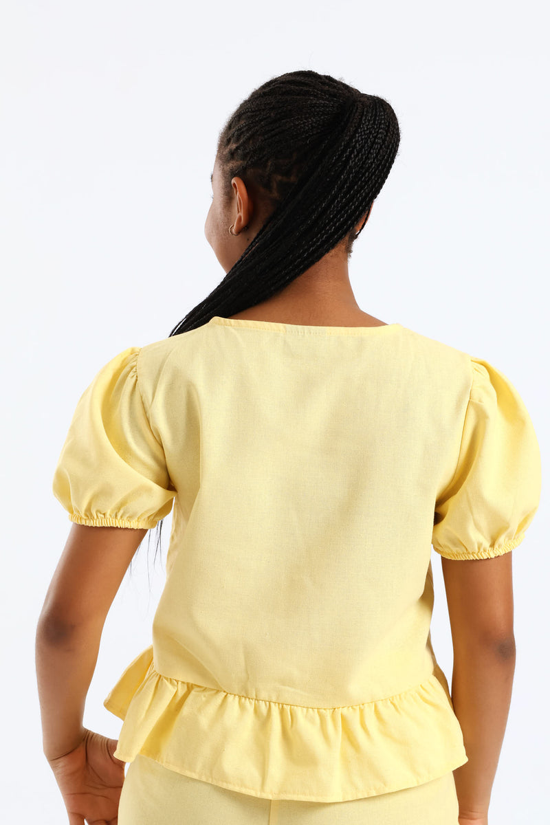 Girls Puff Sleeve Front Bow Detail Peplum Top - Pastel Yellow