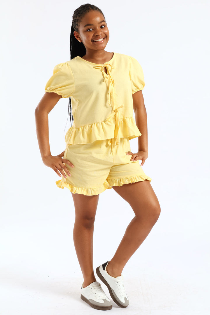 Girls Frill Hem Linen Wideleg Short - Pastel Yellow