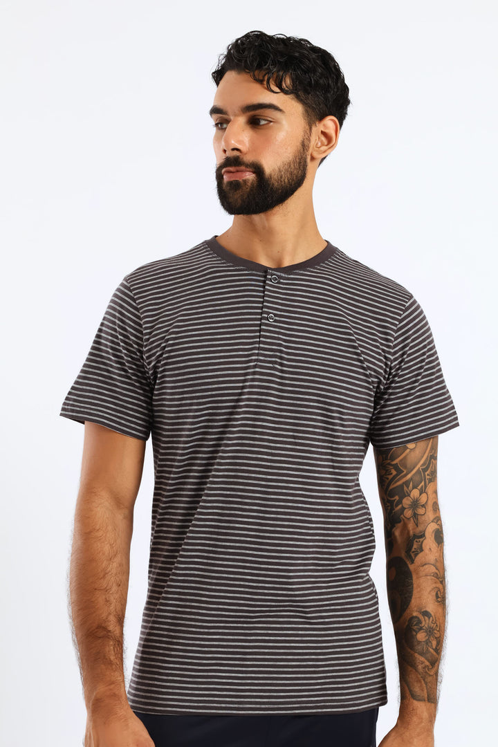 Feather Stripe Henley Top - Cream/Charcoal