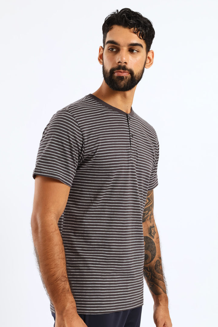 Feather Stripe Henley Top - Cream/Charcoal