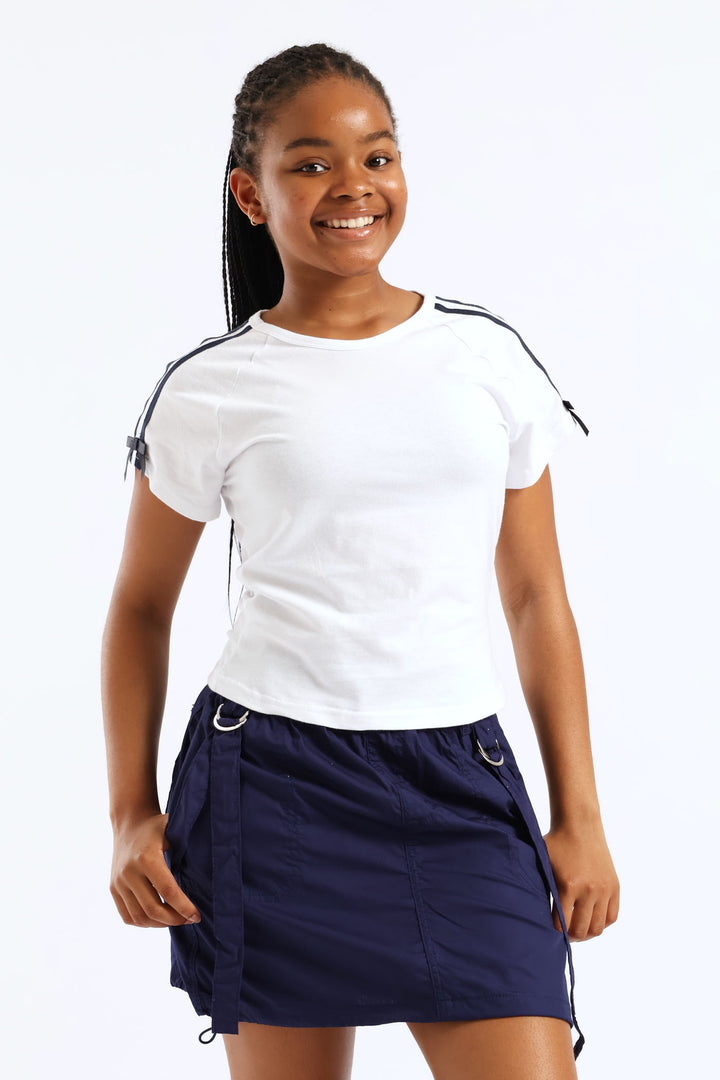 Girls Tape Detail Sleeve Bow Tee - White