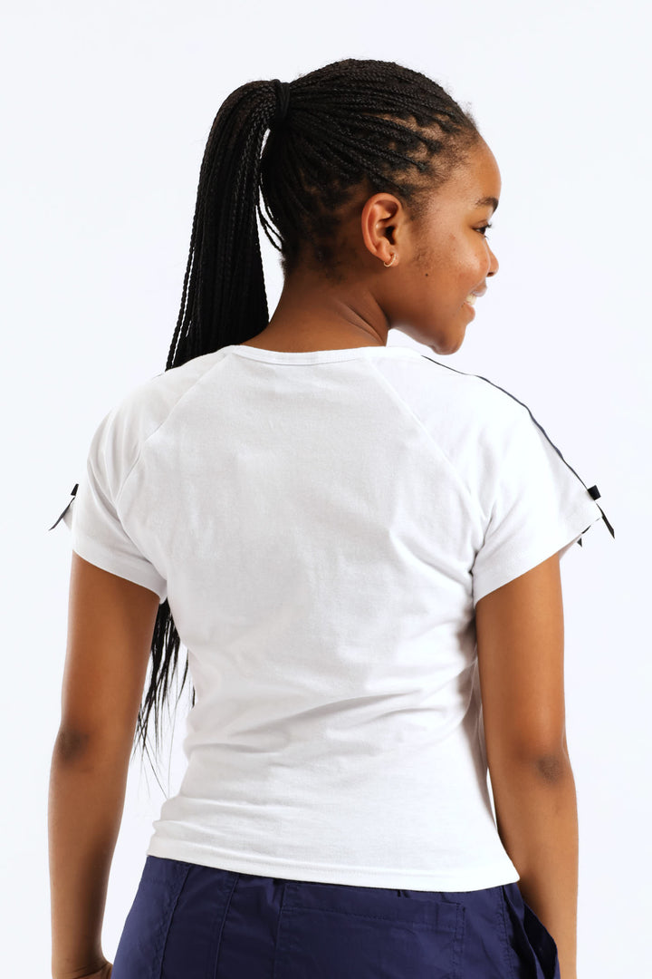 Girls Tape Detail Sleeve Bow Tee - White