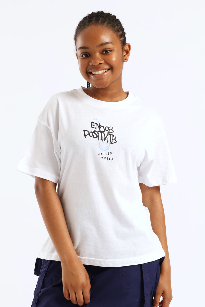 Girls Smiley Graphic Oversized Tee - White