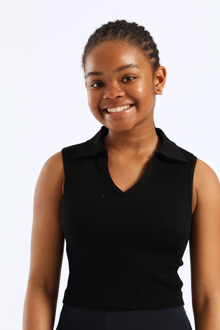 Girls Seamless Johnny Collar Top - Black