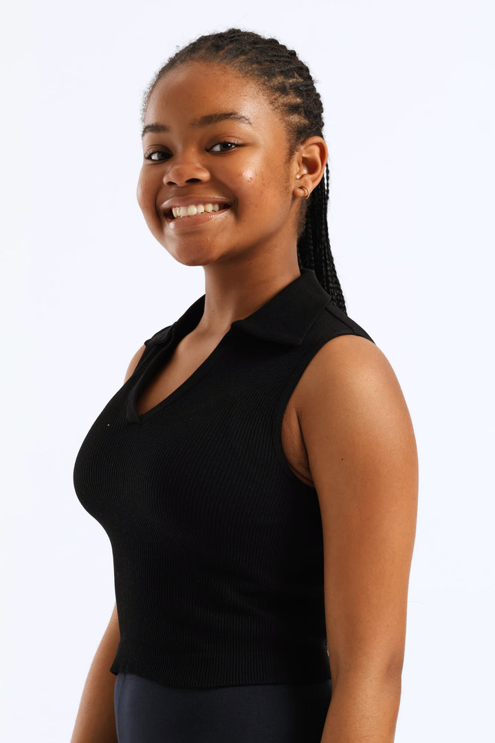 Girls Seamless Johnny Collar Top - Black