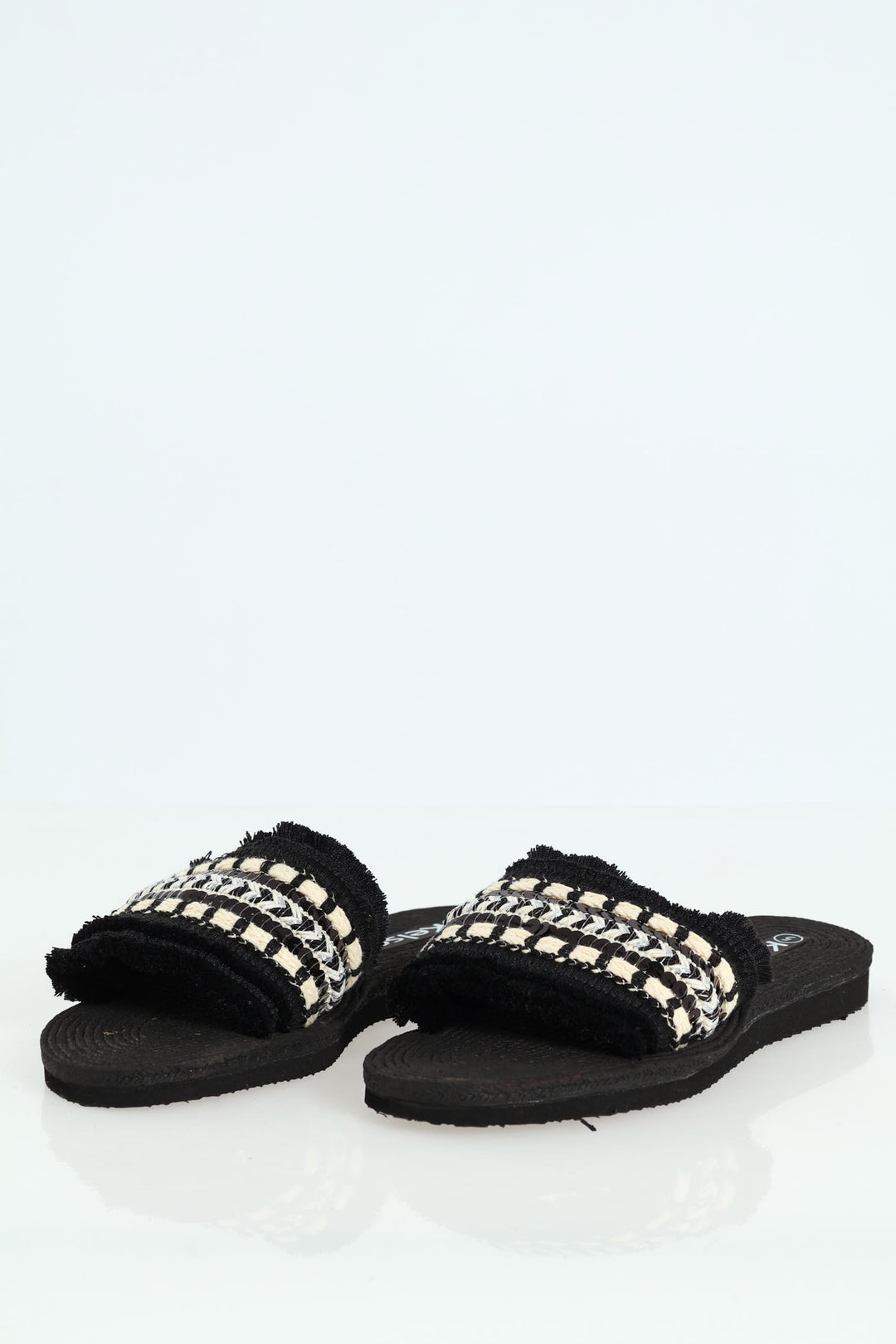 Aztec Print Tape Fringed Mule Sandal - Black