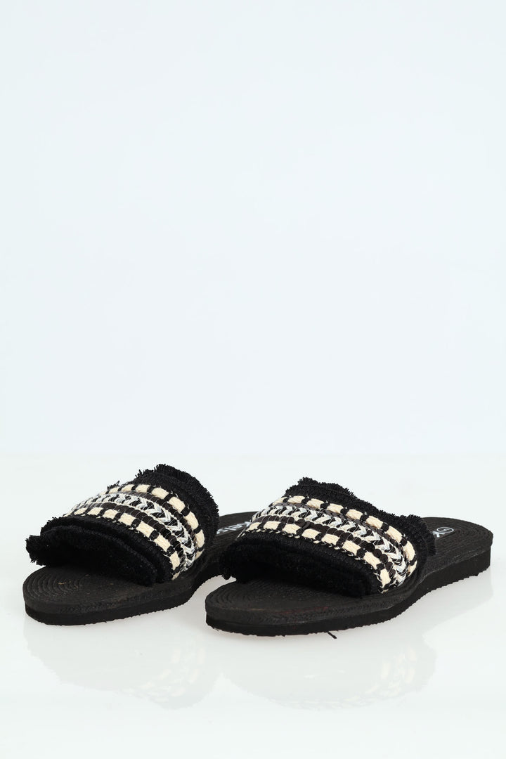 Aztec Print Tape Fringed Mule Sandal - Black