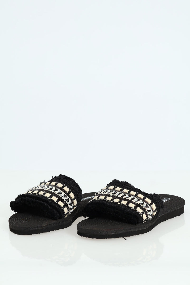 Aztec Print Tape Fringed Mule Sandal - Black