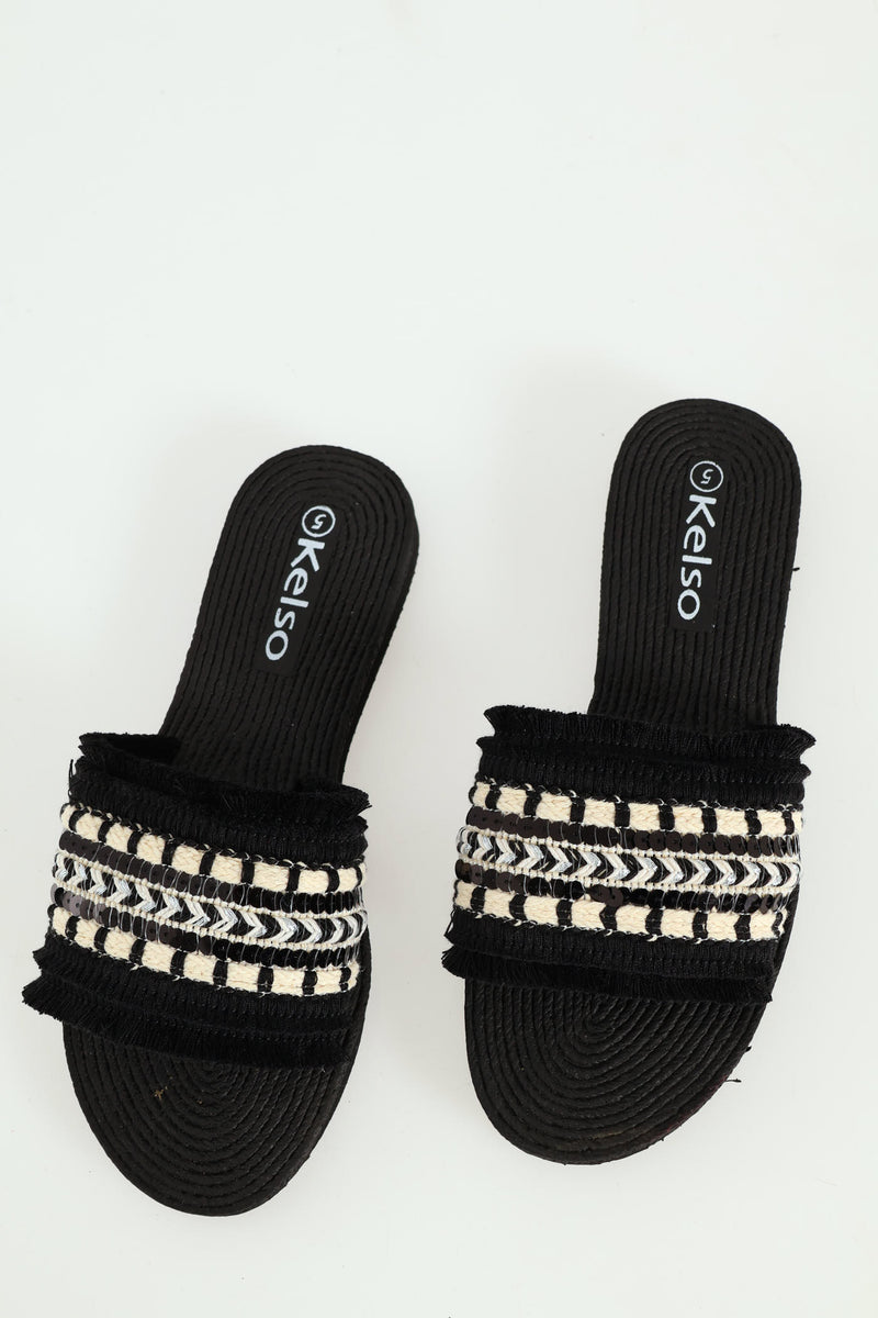 Aztec Print Tape Fringed Mule Sandal - Black