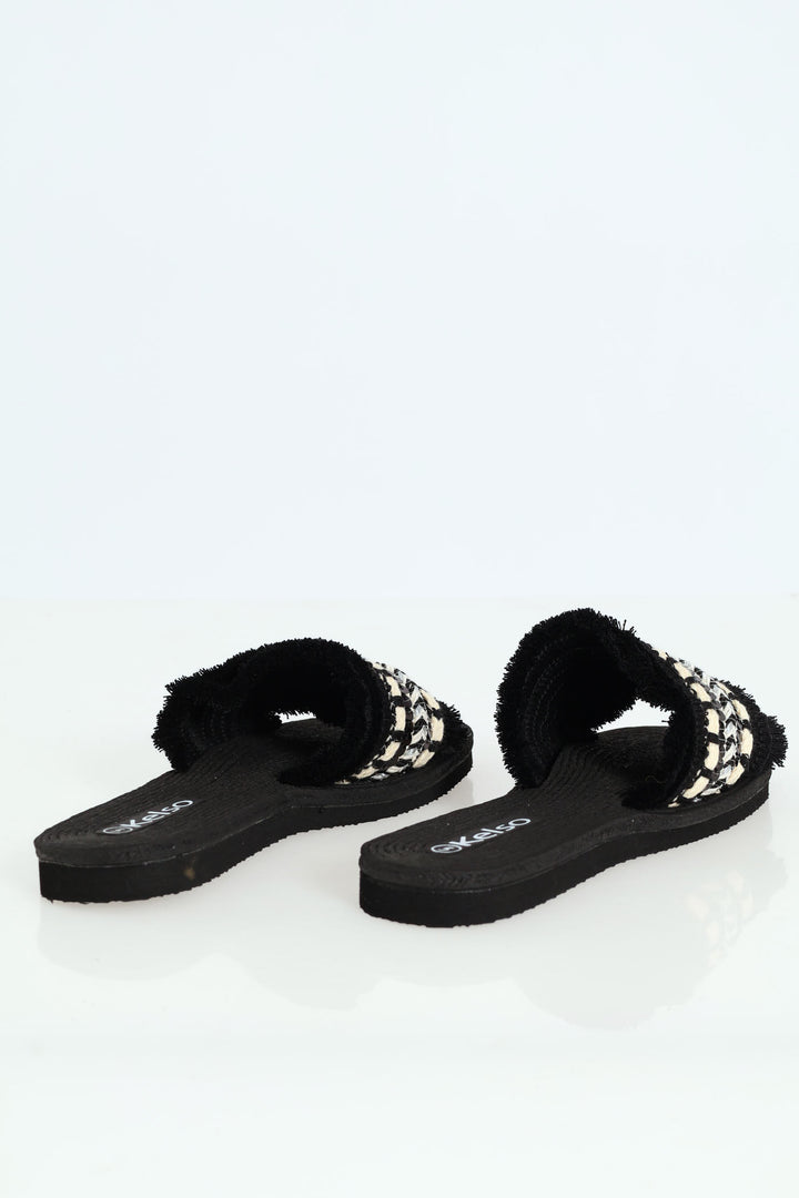 Aztec Print Tape Fringed Mule Sandal - Black