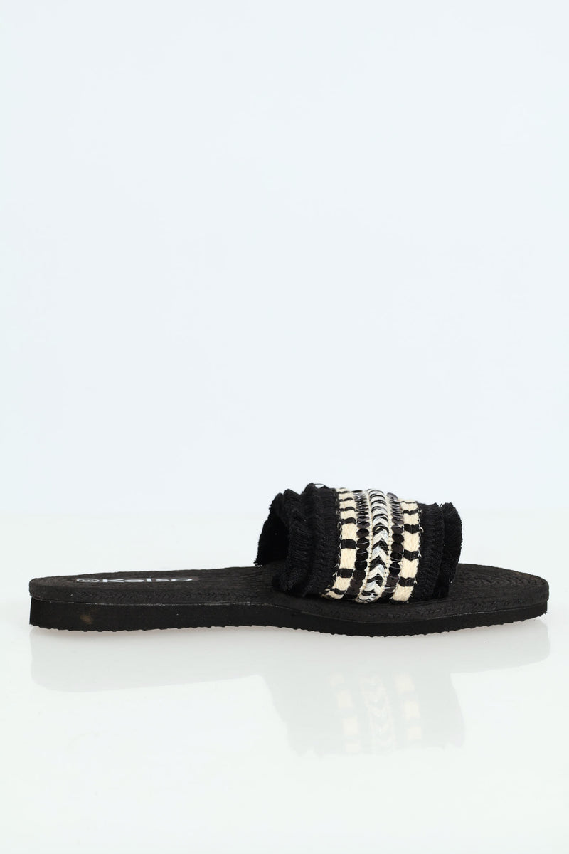 Aztec Print Tape Fringed Mule Sandal - Black