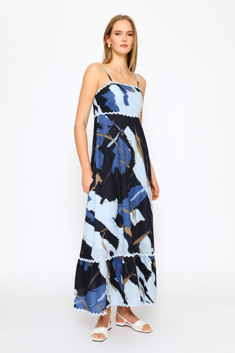 Sleeveless Printed Maxi Dress - Navy