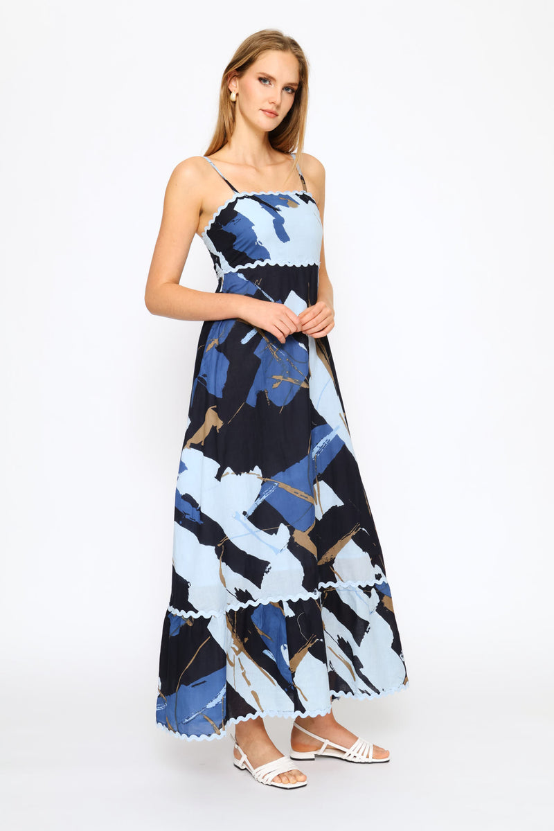 Sleeveless Printed Maxi Dress - Navy