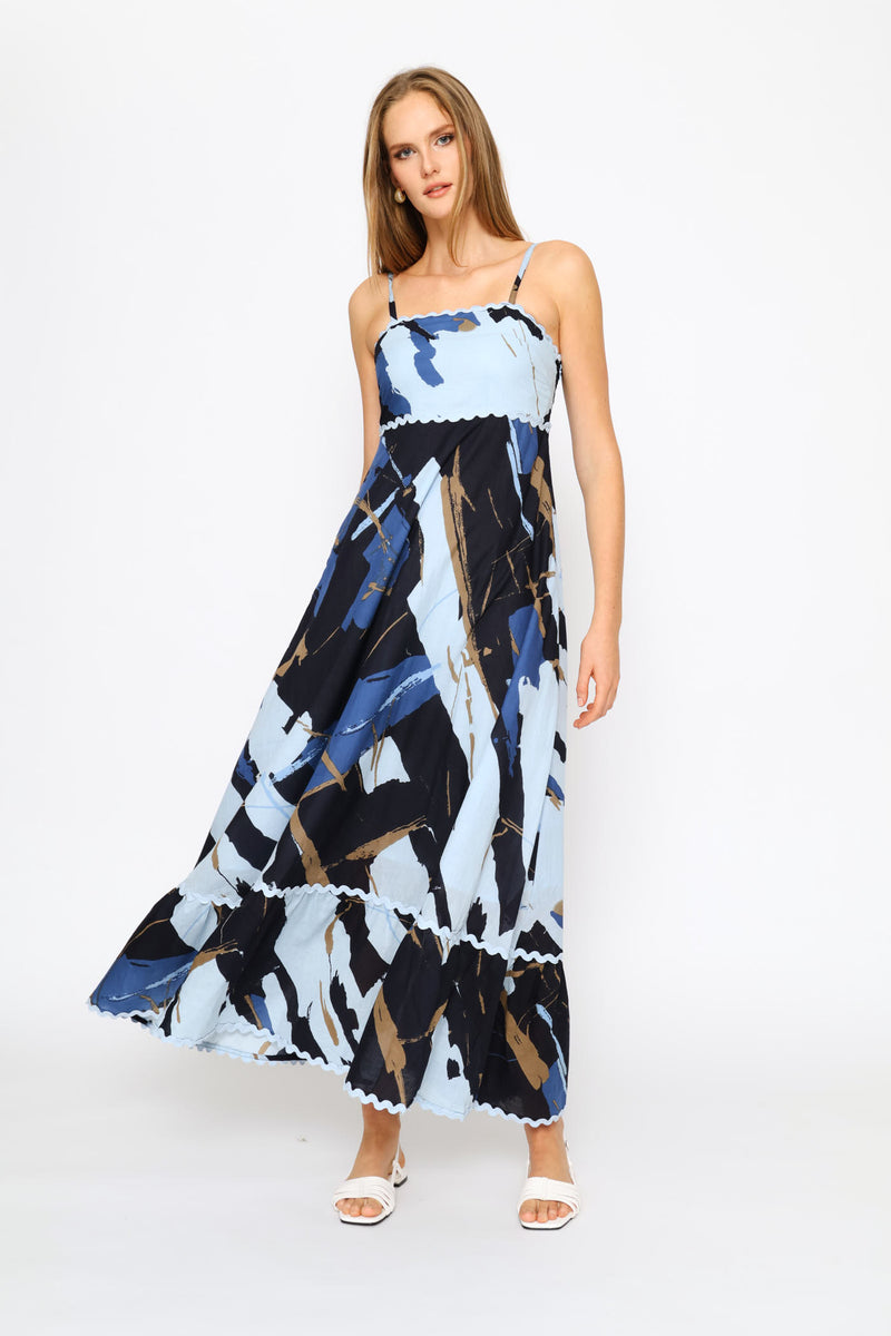 Sleeveless Printed Maxi Dress - Navy