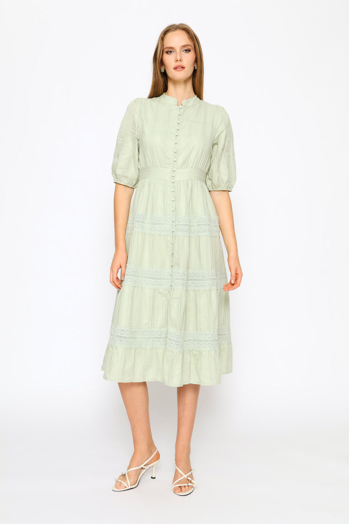 Half Sleeve Elasticated Covered Button Through Maxi Dress - Sage