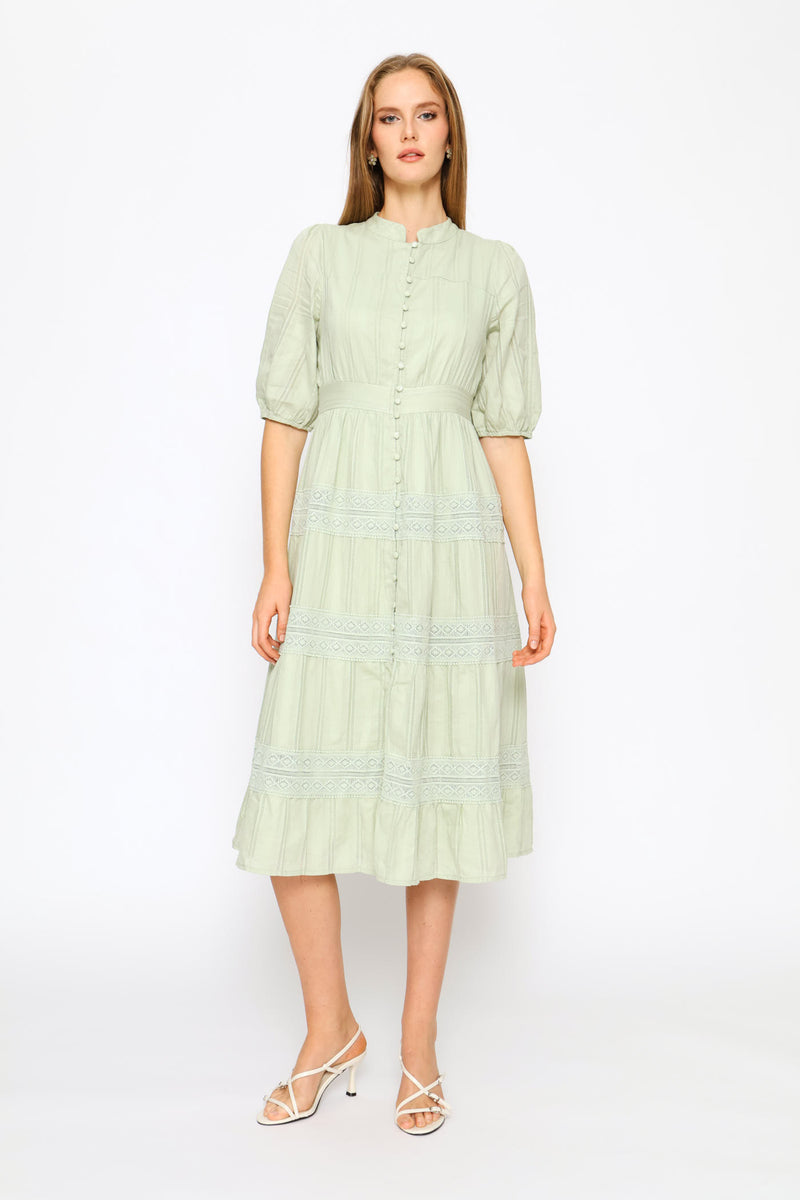 Half Sleeve Elasticated Covered Button Through Maxi Dress - Sage