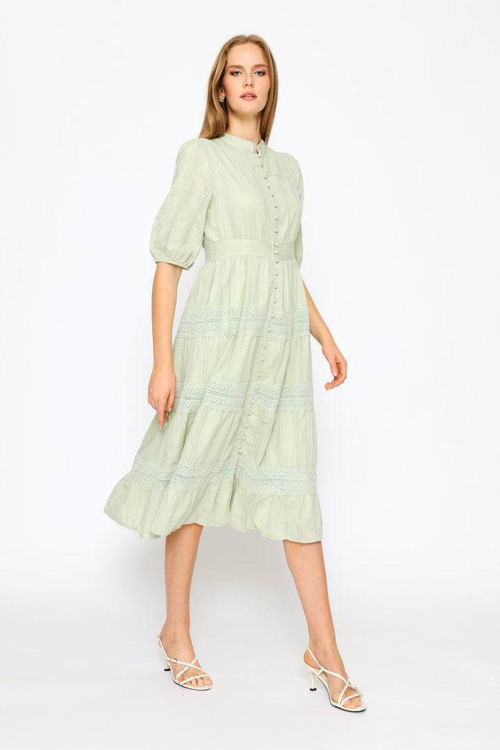 Half Sleeve Elasticated Covered Button Through Maxi Dress - Sage