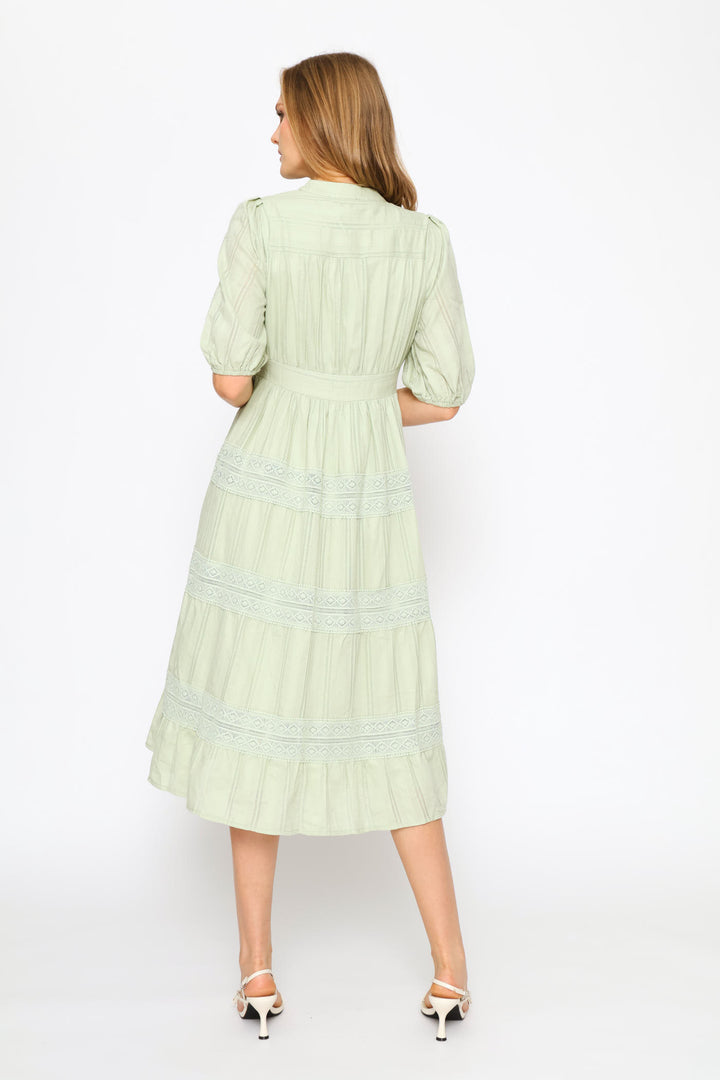Half Sleeve Elasticated Covered Button Through Maxi Dress - Sage