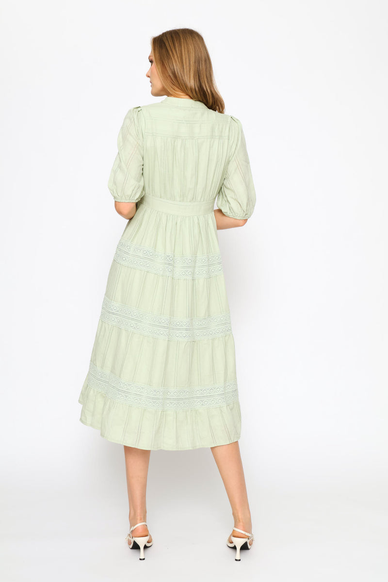 Half Sleeve Elasticated Covered Button Through Maxi Dress - Sage