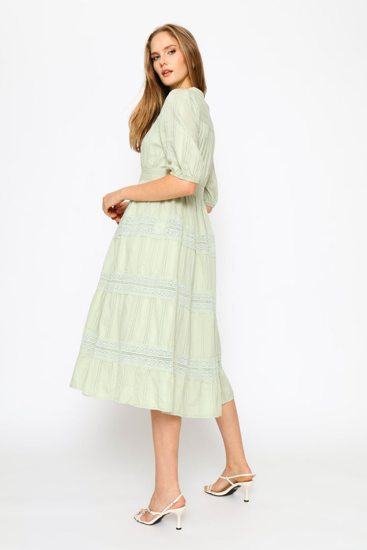 Half Sleeve Elasticated Covered Button Through Maxi Dress - Sage