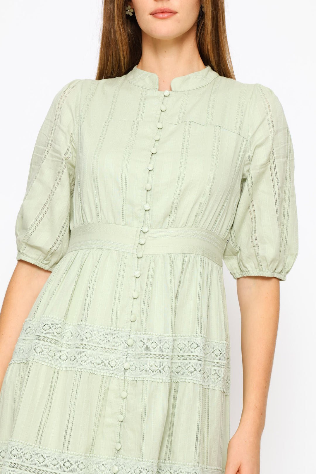 Half Sleeve Elasticated Covered Button Through Maxi Dress - Sage