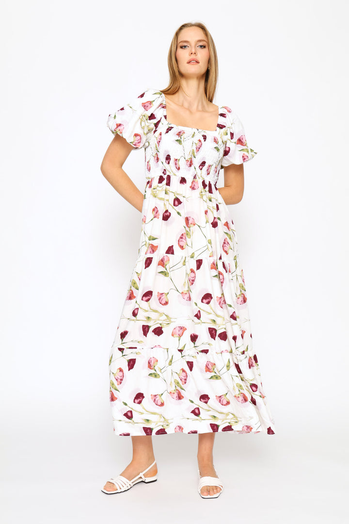 Bubble Sleeve Shirred Bodice Tiered Midi Dress - White