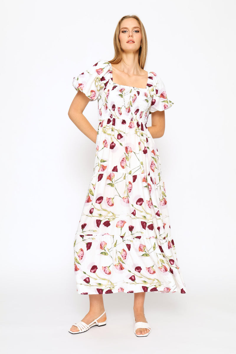 Bubble Sleeve Shirred Bodice Tiered Midi Dress - White