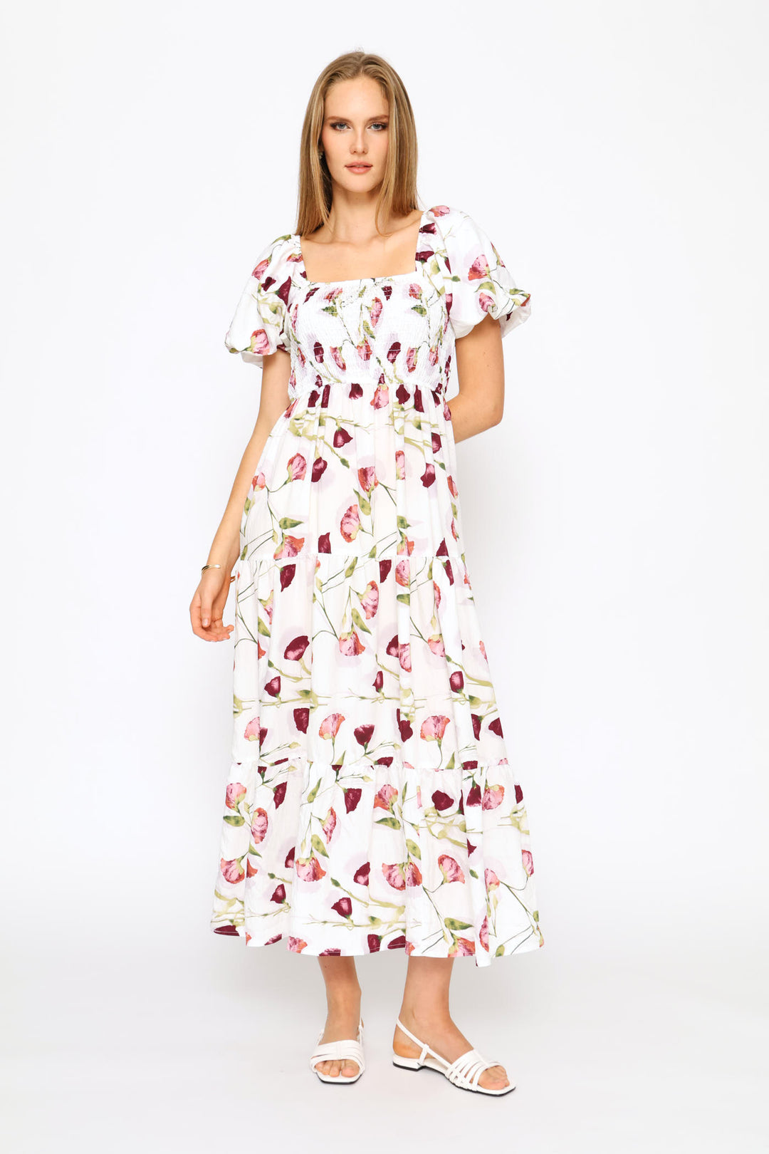 Bubble Sleeve Shirred Bodice Tiered Midi Dress - White