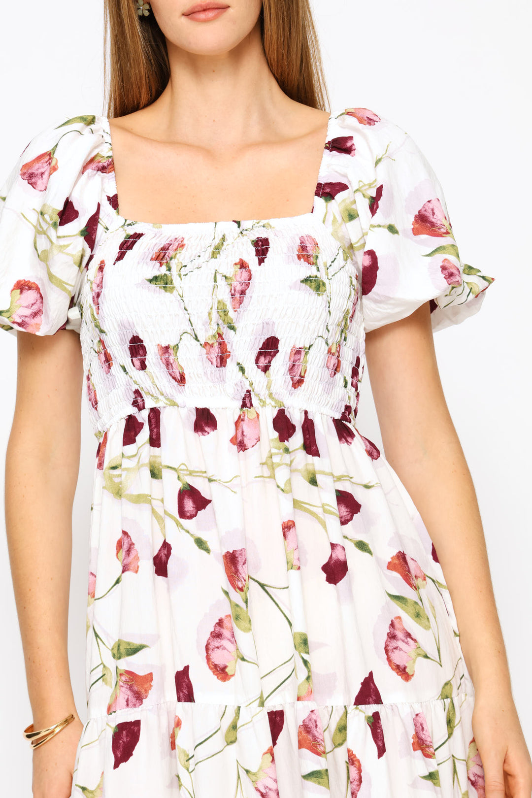 Bubble Sleeve Shirred Bodice Tiered Midi Dress - White