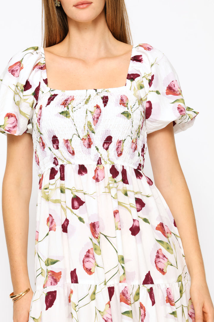 Bubble Sleeve Shirred Bodice Tiered Midi Dress - White