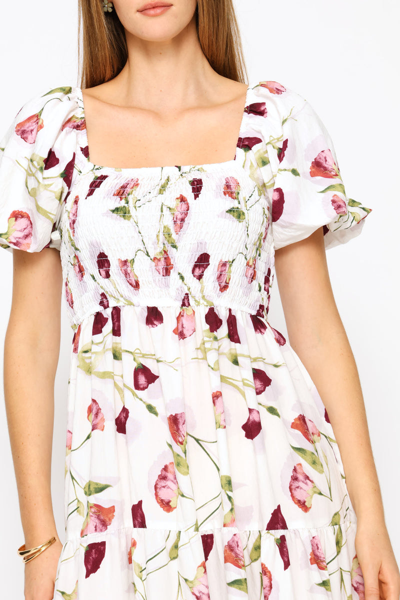 Bubble Sleeve Shirred Bodice Tiered Midi Dress - White