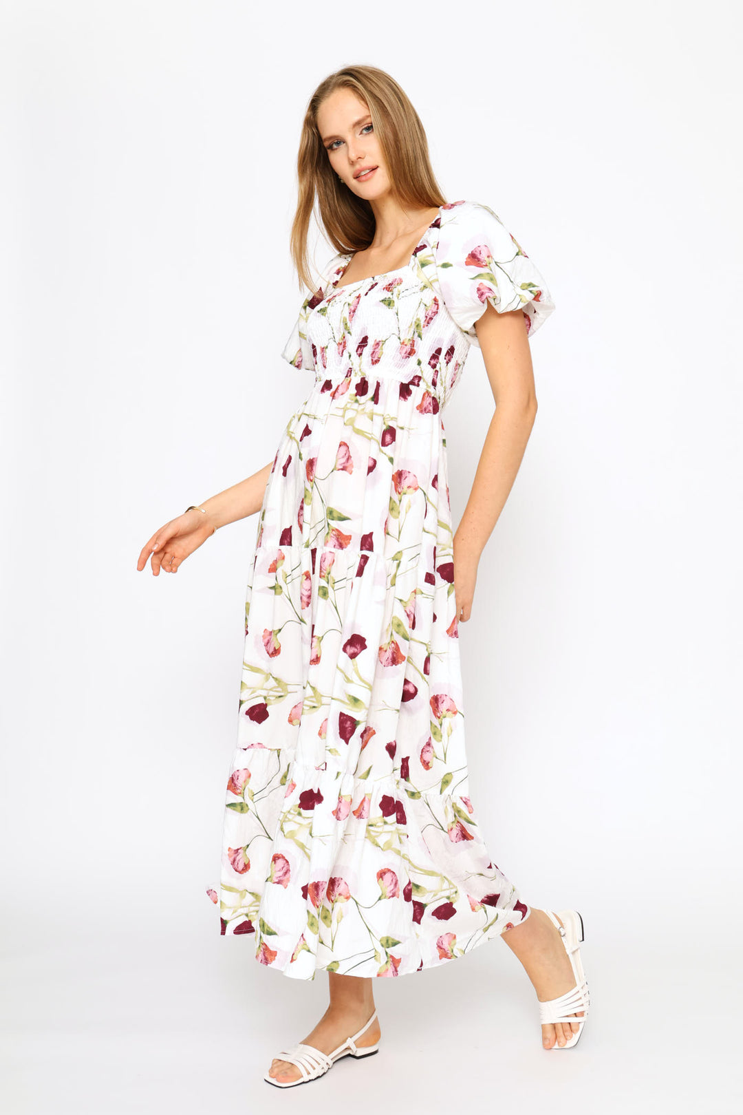 Bubble Sleeve Shirred Bodice Tiered Midi Dress - White