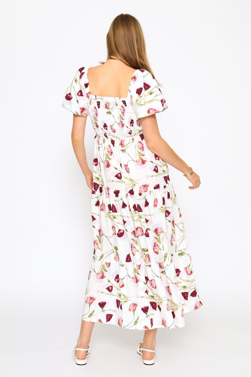 Bubble Sleeve Shirred Bodice Tiered Midi Dress - White