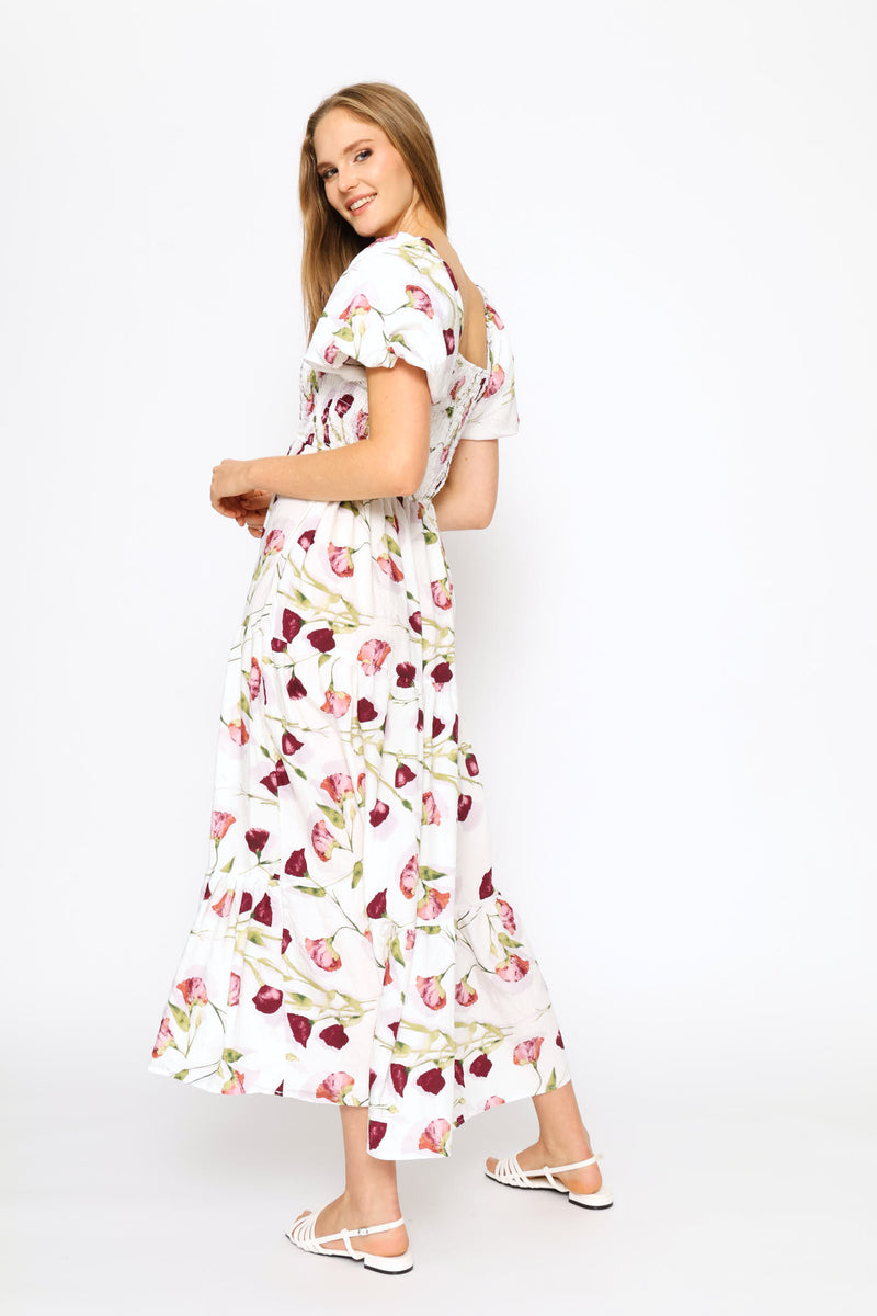 Bubble Sleeve Shirred Bodice Tiered Midi Dress - White