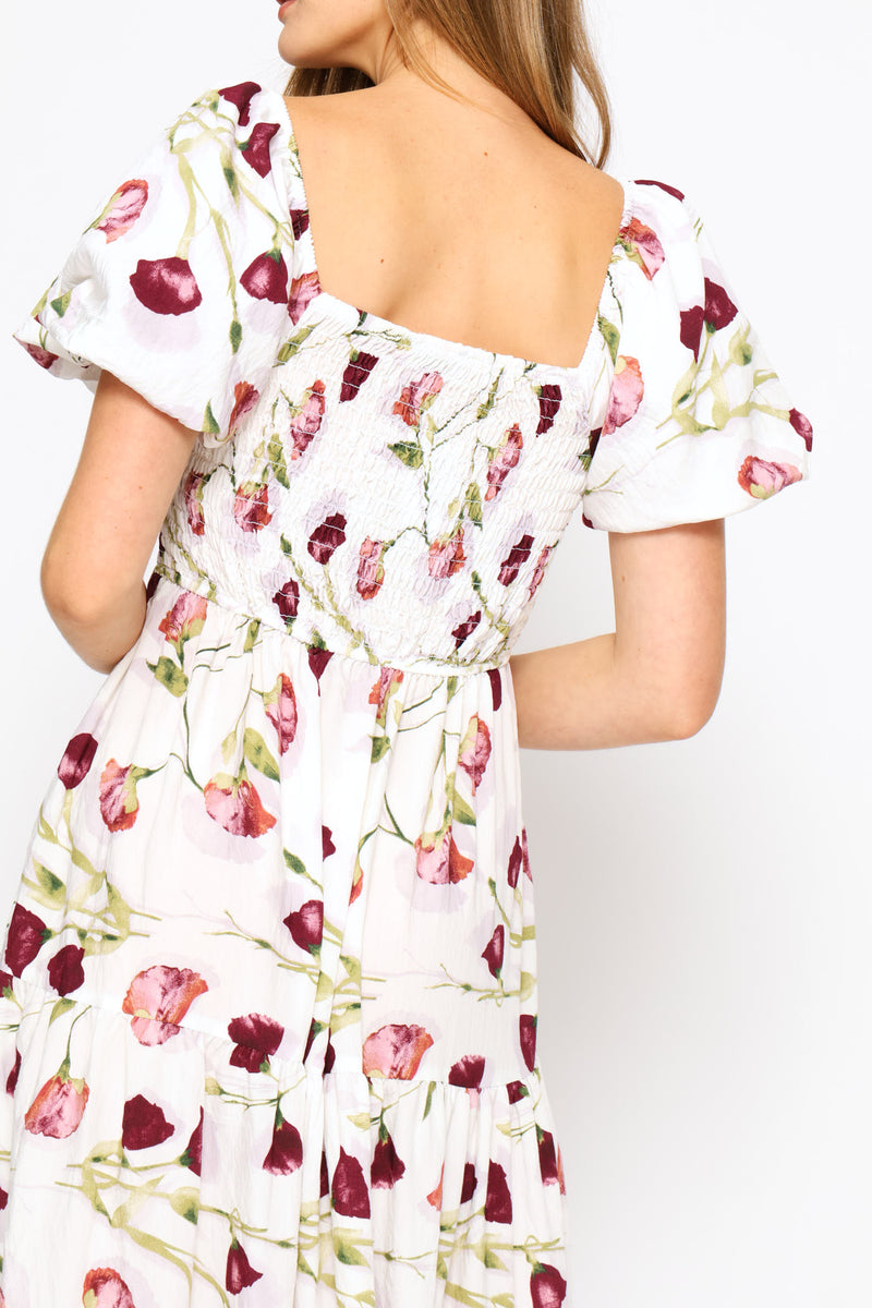 Bubble Sleeve Shirred Bodice Tiered Midi Dress - White