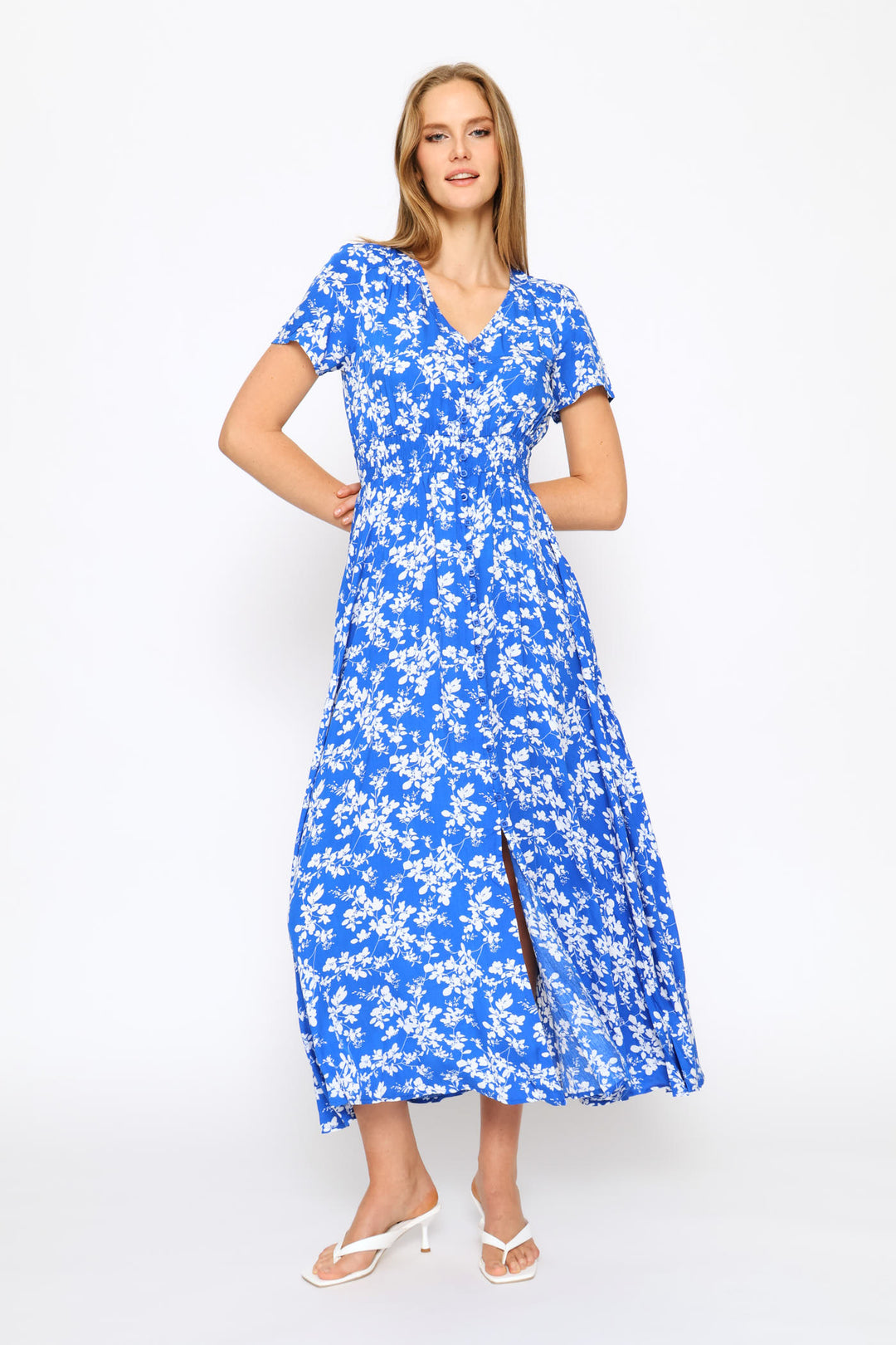 Short Sleeve Floral Dress - Blue