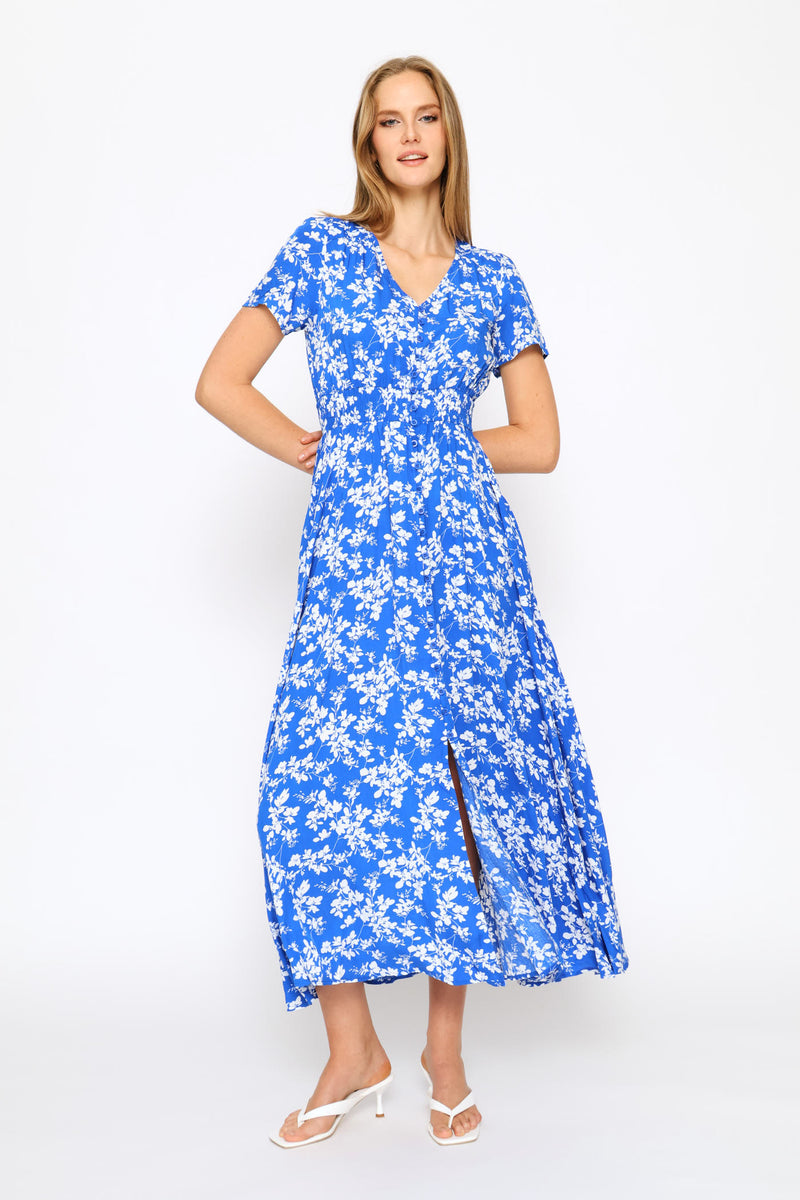 Short Sleeve Floral Dress - Blue
