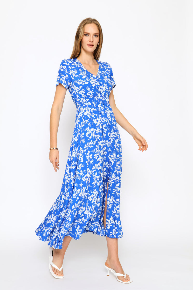 Short Sleeve Floral Dress - Blue
