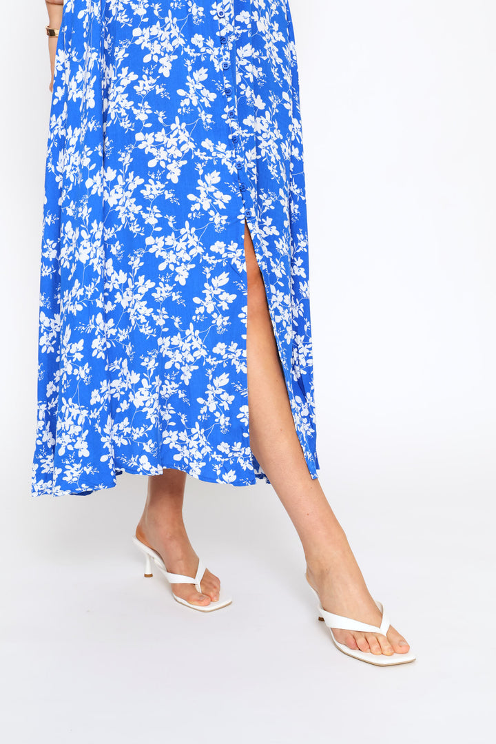Short Sleeve Floral Dress - Blue